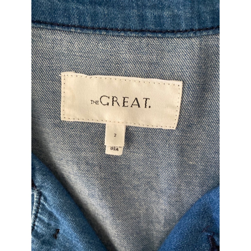 The GREAT Crop Chore Jacket Chambray Denim Raw Hem Boxy Cropped Jacket Size 2 - Picture 7 of 10